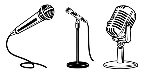 Three vintage microphones on stands in a row, ready for use in a recording studio. Vector © MD MOGAMMEL HAQUE 