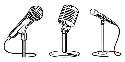 Three different types of microphones on stands in a row. Vector © MD MOGAMMEL HAQUE 