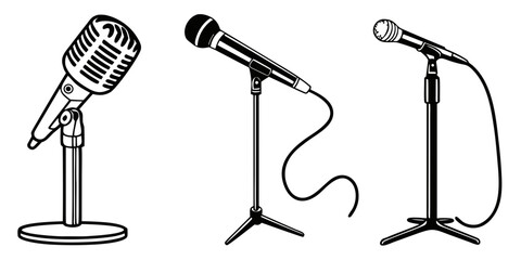 Three vintage microphones on stands in a row, ready for use. Vector © MD MOGAMMEL HAQUE 