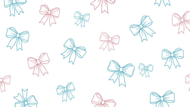 Delicate hand-drawn outlines of ribbons and bows in pink and blue shades form a light and airy seamless pattern on a white background.