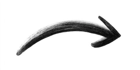 A hand-drawn, curved, directional symbol pointing right, filled with dark shading, on a white background