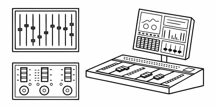 A variety of musical instruments including a computer keyboard, a midi controller, and a synthesizer. Vector