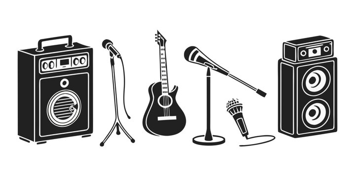 Vintage microphones and speakers set up for a live performance Vector