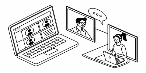 Two people working together on a project using their laptops and a tablet Vector