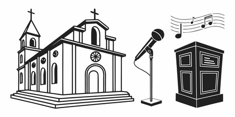 A vintage microphone stands before a church with a musical note floating above it. Vector © MD MOGAMMEL HAQUE 
