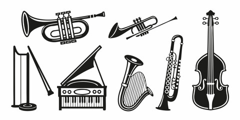A variety of musical instruments including brass and string instruments Vector