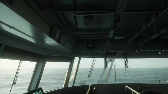 Ship bridge control room with rows of electronic monitors and consoles showing navigation, radar and charts as the vessel sails on calm ocean waters toward the horizon