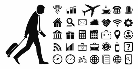 Person with luggage walking past various travel and accommodation icons Vector
