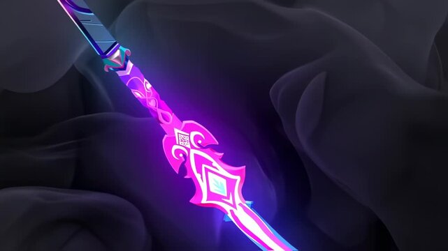 A neon-lit sword with intricate designs against a smoky backdrop
