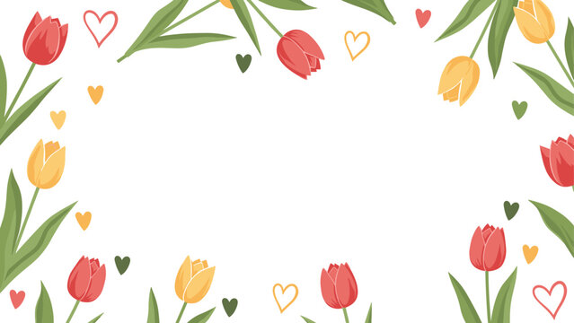 Elegant floral frame featuring red and yellow tulips and small colored hearts on a white background with center copy space.