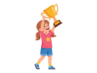 cheerful young girl holding golden trophy success winning competition