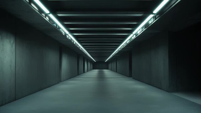 Long, empty hallway inside a building featuring minimalist dark concrete walls and a ceiling illuminated by bright, cool toned neon strip lights, creating a modern, stark atmosphere