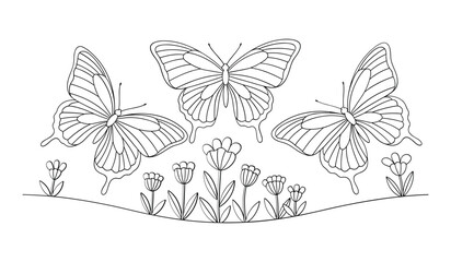 Fototapeta premium Black and white of three butterflies flying above flowers
