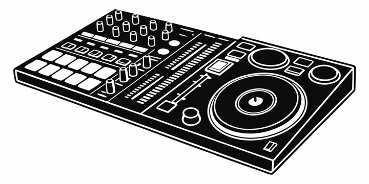 A modern dj controller with a mixer and various buttons and knobs for music production. Vector