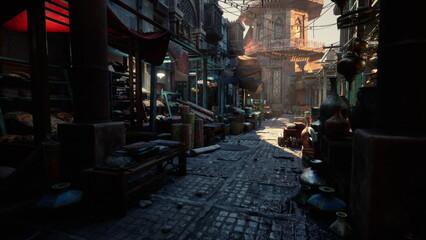Obraz premium moody cobblestone market street at dusk with amber glow, empty stalls and stacked pottery along shadowed storefronts, wet pavement reflections and distant