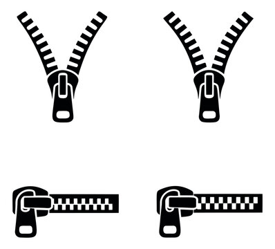Modern glyph zipper icon set featuring open and closed fasteners for user interface design