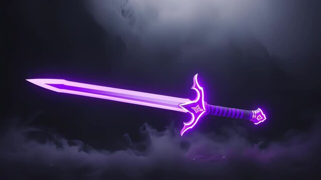A glowing purple sword floats against a smoky, dark background