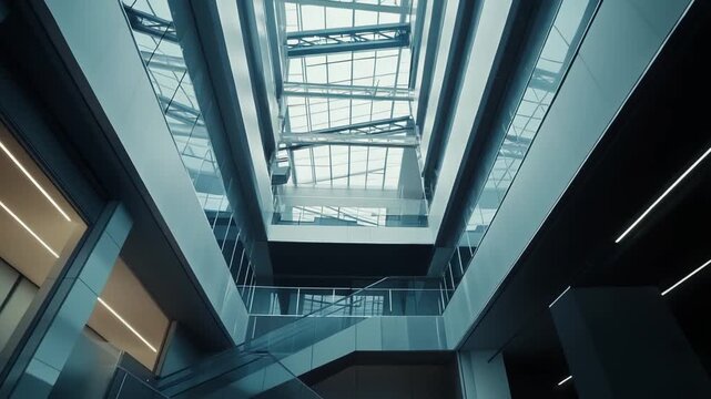 Modern office building atrium featuring a multi story glass skylight, clean lines, and contemporary architecture, creating a bright and open professional environment for work