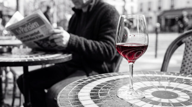 Vibrant glass of red wine on a mosaic table, with a Parisian man reading "Le Parisien" newspaper in selective black and white background, capturing a classic European cafe scene.