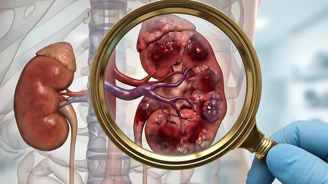 Medical Illustration Of Damaged Kidney Under Magnifying Glass With Human Anatomy Background