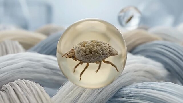 Microscopic Dust Mites Trapped in Bubbles on Fabric Fibers Close-Up Macro View with Soft Lighting and Shallow Depth of Field Clean Textile Background