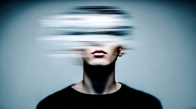 A captivating portrait features a man with blurred lines across his face, creating an enigmatic effect.