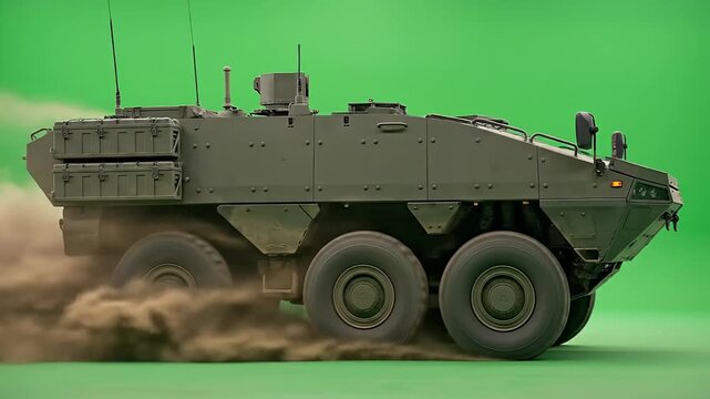 Heavy All Terrain Military Vehicle with Six Wheels Drives Forward Creating Dust Clouds On a Green Screen Background