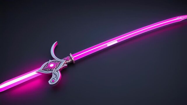 A futuristic sword with a neon pink glow resting on a dark surface