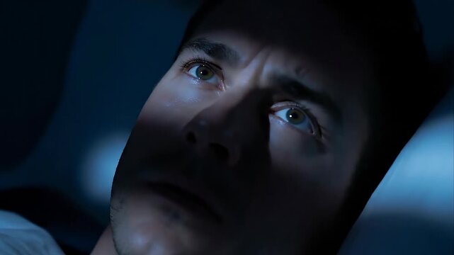 Man lying in bed at night eyes open looking troubled with shadows across face in dark blue room experiencing insomnia or deep thought with soft white