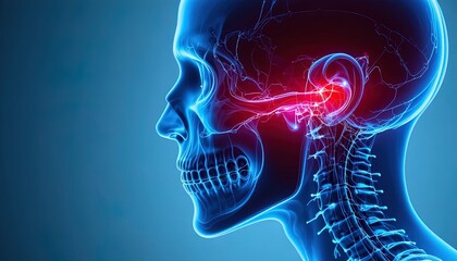 Obraz premium X-ray view of human head with highlighted brain pain area