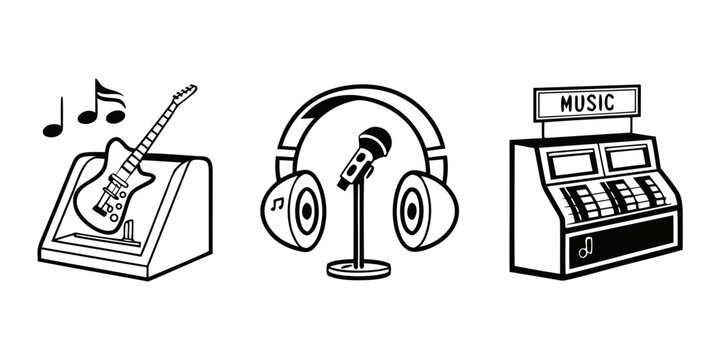 A collection of musical equipment including a keyboard, headphones, and a jukebox. Vector