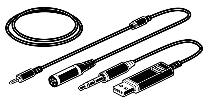 A set of audio and charging cables with various connectors for electronic devices Vector