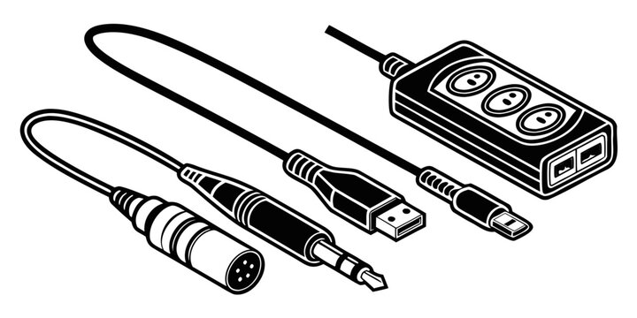 A variety of audio cables and connectors for electronic devices and instruments Vector