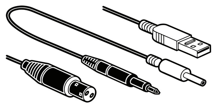 Three different types of audio cables and connectors for electronic devices Vector