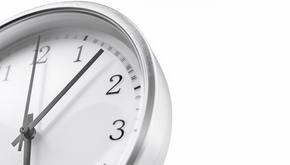 白背景でクローズアップ撮影したアナログ時計の文字盤、余白多め