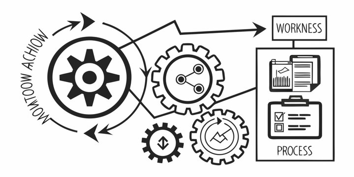 Illustration of interconnected gears and systems representing workflow automation Vector