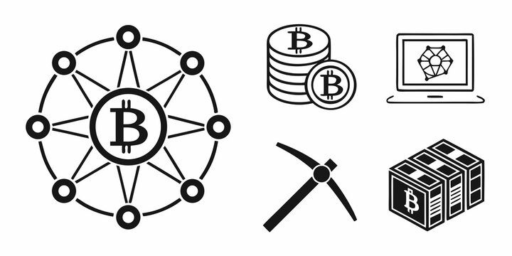 Illustrations of cryptocurrency, blockchain, and mining concepts Vector