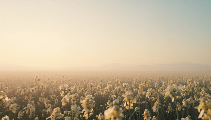 淡いグラデの空の下に菜の花畑が広がる春のミニマル風景