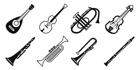 Obraz premium Assorted musical instruments including strings, brass, and woodwinds Vector