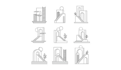 Nine minimalist line of staircases and ladders with plants and abstract © hafsa01