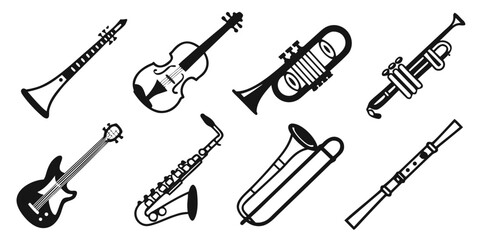 A variety of musical instruments including guitars, drums, and wind instruments. Vector © MST NASIMA KHATUM