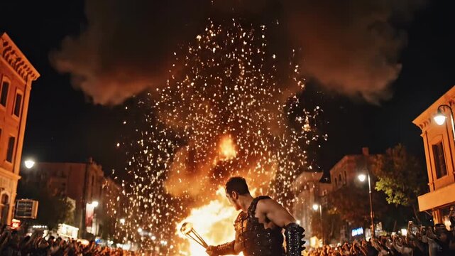 Man dancing with fire in a crowded street at night.