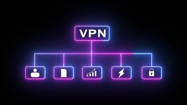 Virtual Private Network flowchart with for user, documents, analytics, speed, and security on a dark background with blue neon glow Keywords: virtual private network, VPN, flowchart, diagram.