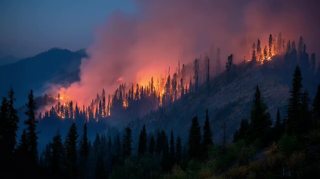 Dramatic forest fire engulfing trees on a mountainside showcasing vibrant orange flames dense smoke against a dark blue evening sky conveying natures power
