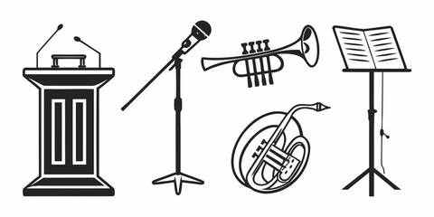 Musical instruments and sheet music stand in a row on a stage Vector © MST NASIMA KHATUM