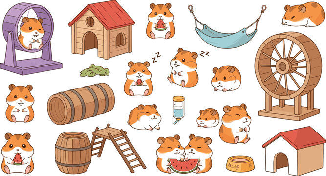 Cute hamster pet cartoon vector set with cage wheel house and accessories adorable rodent collection illustration