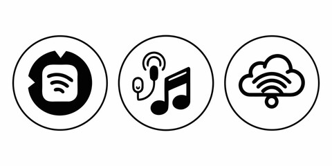 Three icons representing a shield, music note, and cloud for security and media services. Vector