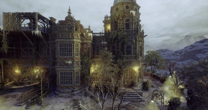 ornate villa exterior with warm lit windows and lamplight, leafy trees and creeping ivy, layered terraces descending toward rocky slope, emotive moody dusk