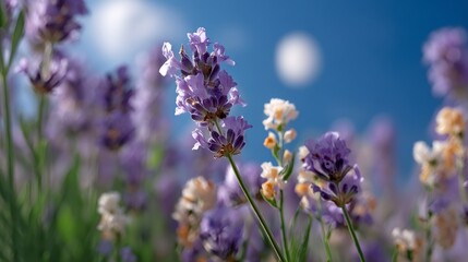 Obraz premium Peaceful Summer Landscape with Rows of Blooming Lavender Sprigs