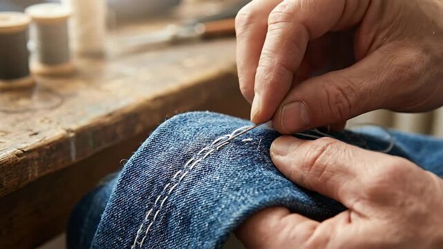 Close-up of skilled hands meticulously sewing a seam on blue denim fabric with white thread using a needle and thimble on a weathered wooden table